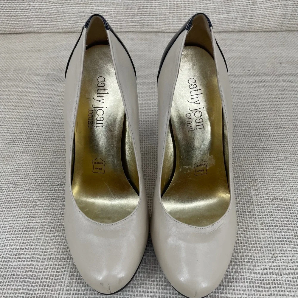 Cathy Jean‎ Brazil Beige Black Leather Colorblock Stiletto Pumps Heels 7M
